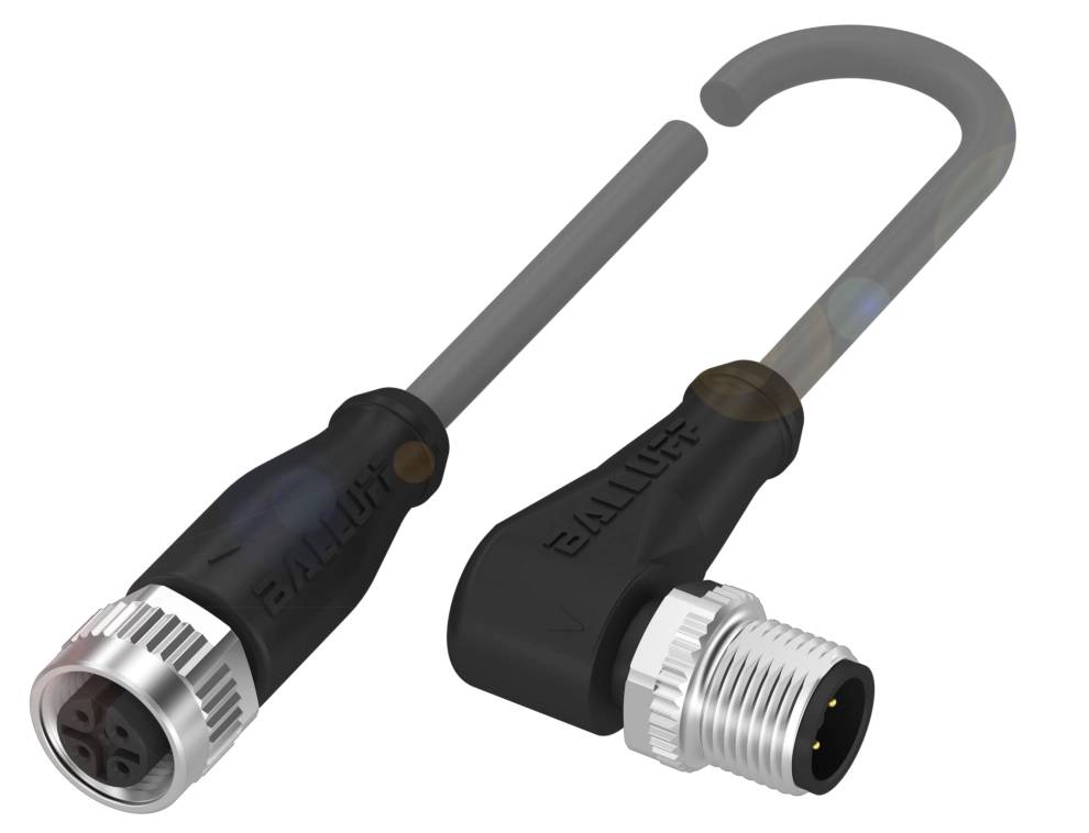 Steckverbinder mit schwarzem Kabel und metallischen Enden. Ein Winkelstecker neben einem geraden Stecker.