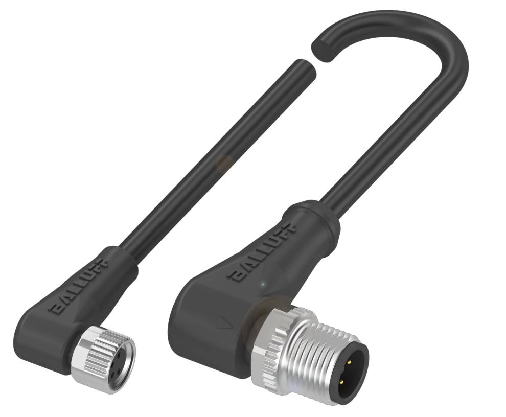 Ein schwarzes, flexibles Kabel mit zwei metallischen Steckverbindern an den Enden, geeignet für industrielle Anwendungen.