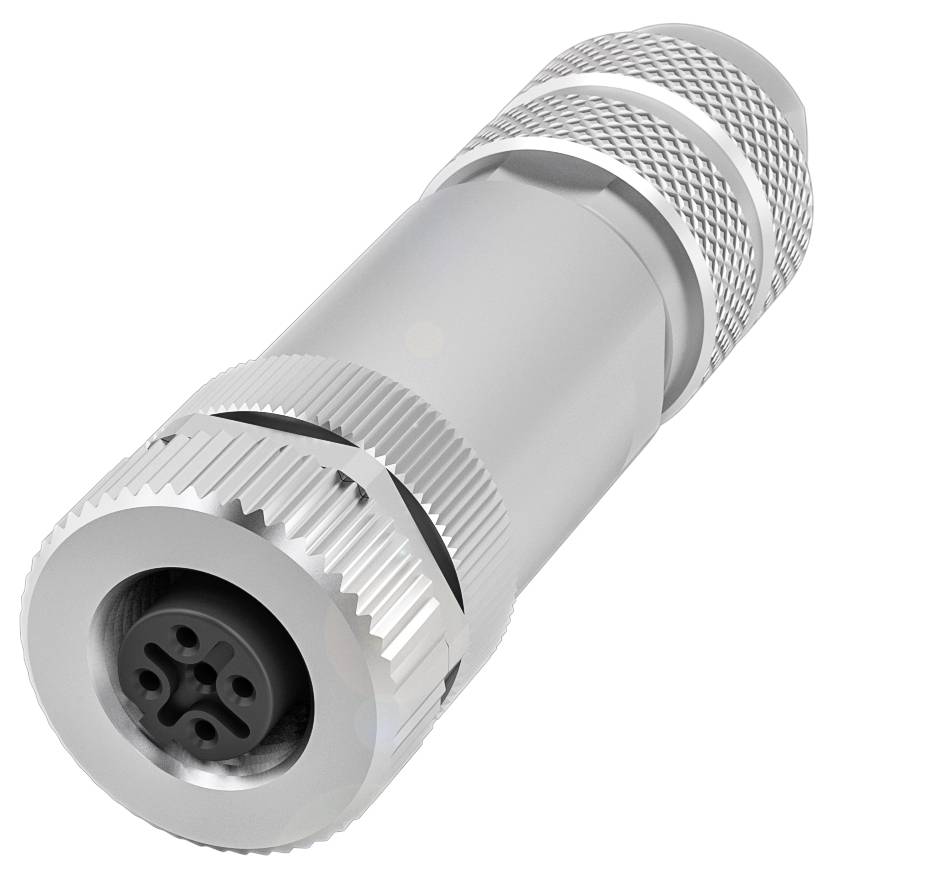 Metallischer Rundstecker in Silber mit mehreren Stiften, geeignet für industrielle oder elektronische Anwendungen.