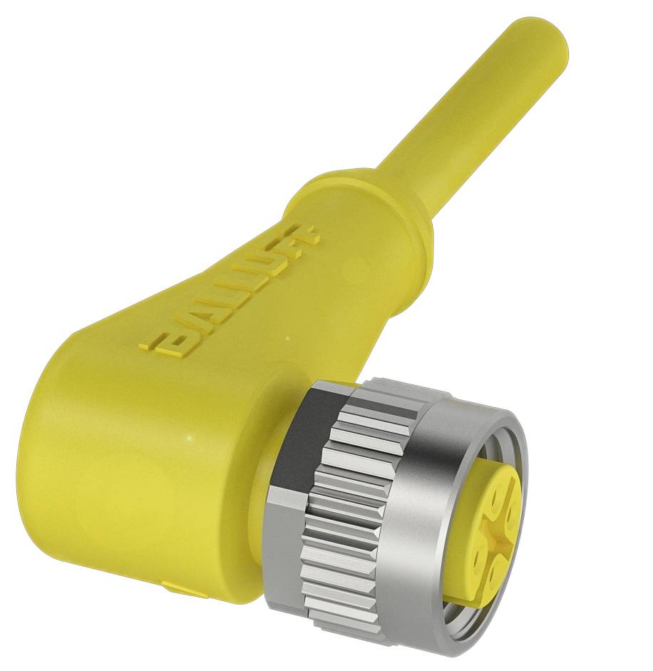 Gelber, abgewinkelter Rundstecker mit Metallschraubverschluss und 'Balluff'-Logo, oft verwendet in Industrieanwendungen.