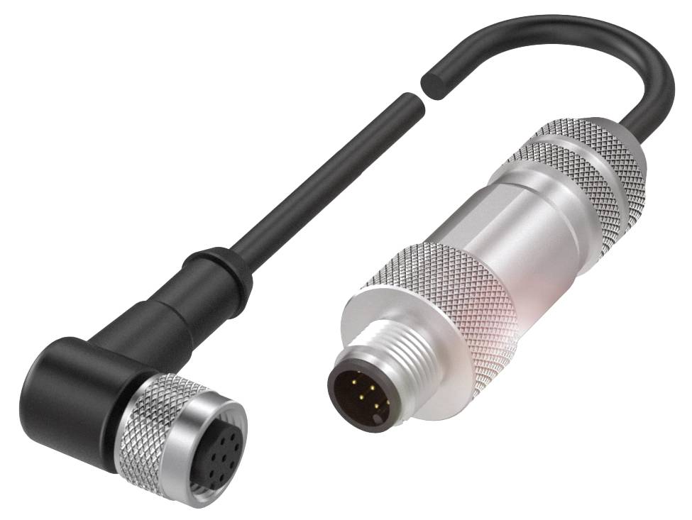 Zwei Industriekabelstecker: Ein schwarzer, gewinkelter Stecker und ein silberner, gerader Stecker, beide mit Metallkern und mehreren Pins.