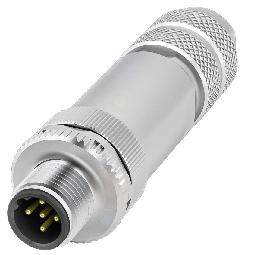 Metallischer Steckverbinder mit geriffeltem Griff und mehreren Stiften für elektrische Verbindungen. Hauptsächlich in technischen Geräten verwendet.