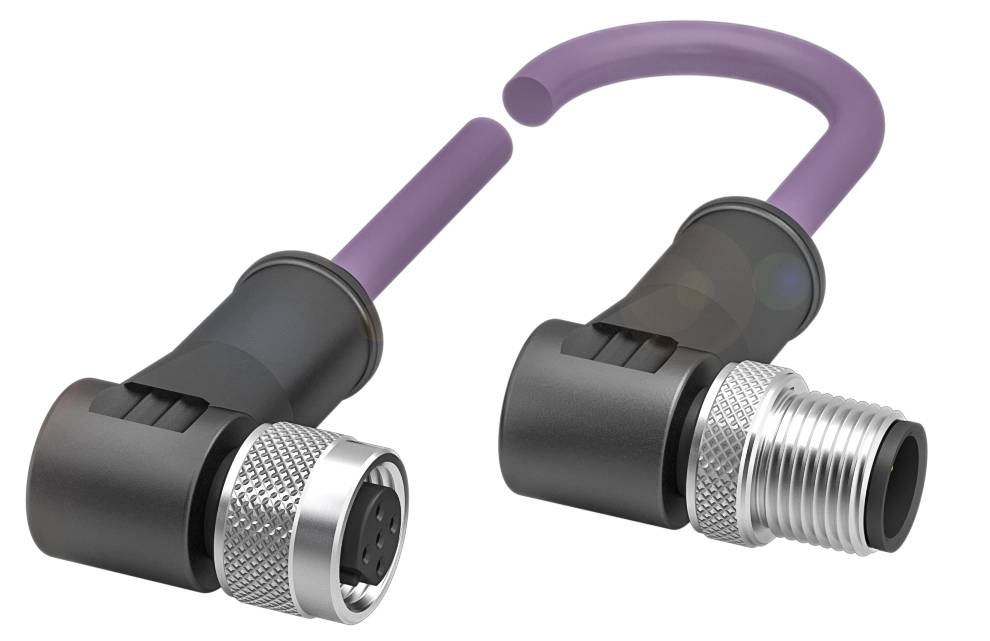 Zwei gewinkelte Steckverbinder für industrielle Anwendungen, einer mit Buchse, der andere mit Stecker, verbunden durch ein lila Kabel.