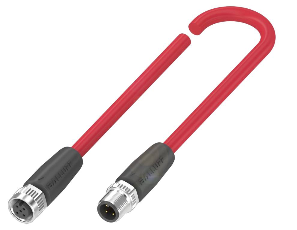 Zwei rote Kabel mit Steckverbindern an den Enden, eines gebogen, das andere gerade, vor einem weißen Hintergrund.