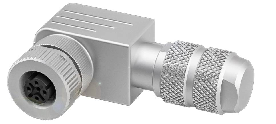 Ein silberner, abgewinkelter Steckverbinder mit geriffeltem Griff für sicheres Anziehen, geeignet für elektronische Verbindungen.