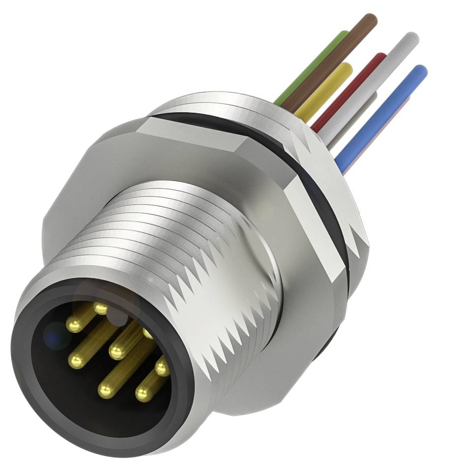 Ein silberner Steckverbinder mit sieben goldenen Pins und mehreren farbigen Kabeln, die herausführen. Verwendet in elektrischen Anschlüssen.