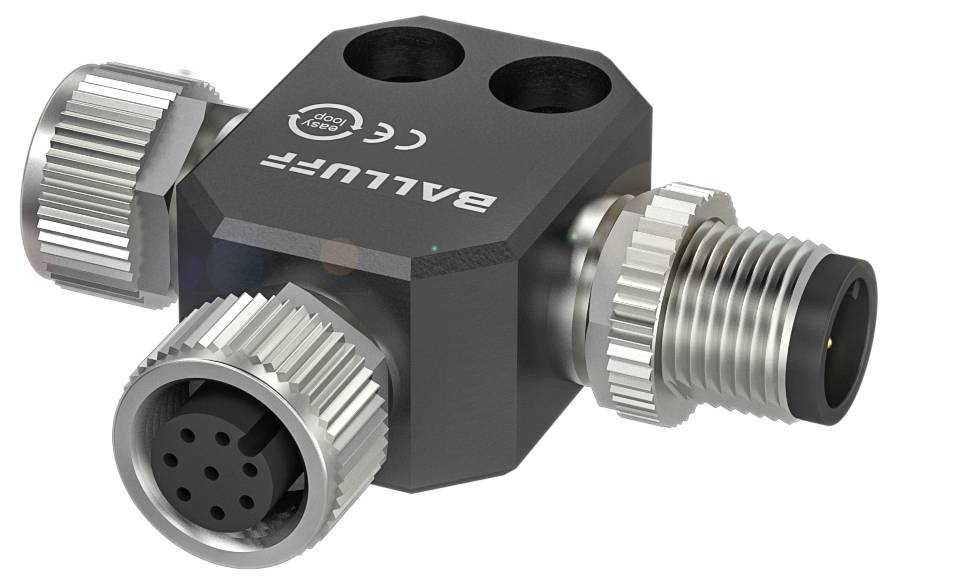'BALLUFF' T-Stück-Steckverbinder aus Metall mit drei Anschlüssen, für industrielle Anwendungen.