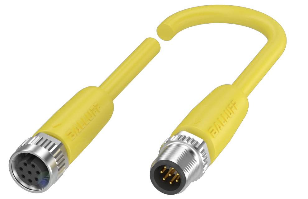 Zwei gelbe und silberne Sensorkabel, männlich und weiblich, von Balluff. Geeignet für industrialle Automatisierungsanwendungen.