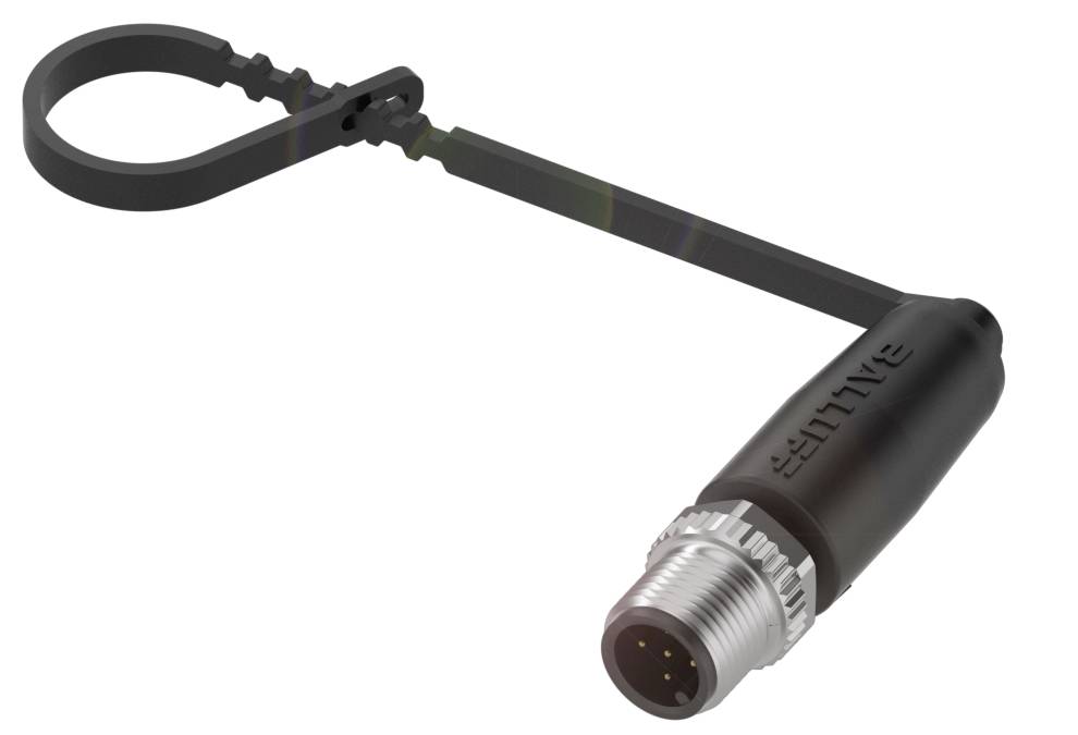 Schwarzer Rundsteckverbinder mit Metall-Endstück, montiert an einer flexiblen Halterung mit Schlaufe für einfache Befestigung.