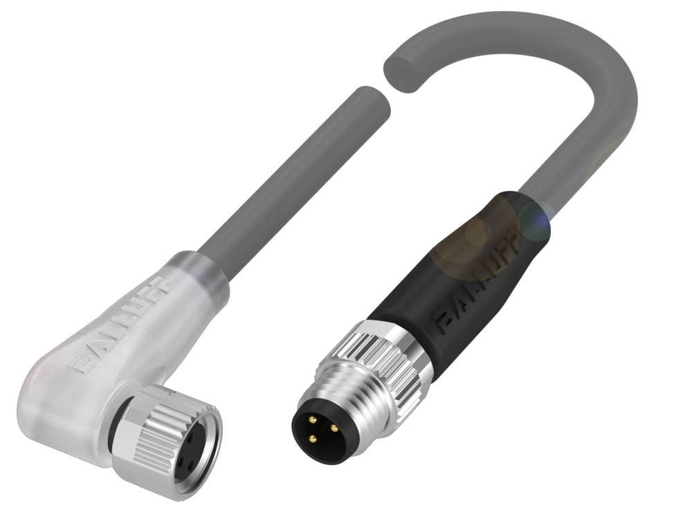 Gerader Stecker und Winkelstecker mit Gewinde und Kabel; schwarzer Körper mit silbernen Details. Verbindungskomponenten für industrielle Anwendungen.