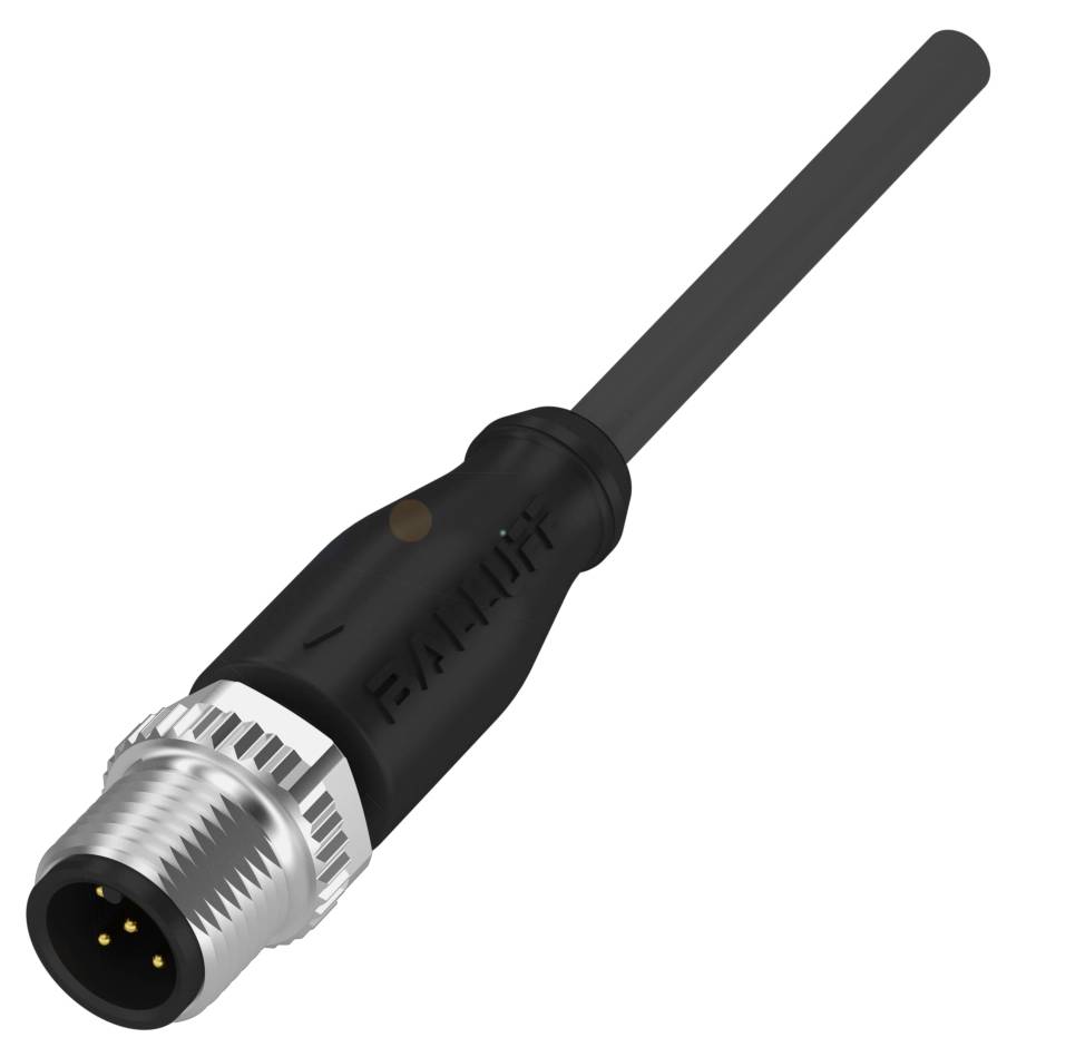 Ein schwarzer M12-Steckverbinder mit Kabel, geeignet für industrielle Anwendungen. Der Stecker hat einen geriffelten Metallring.