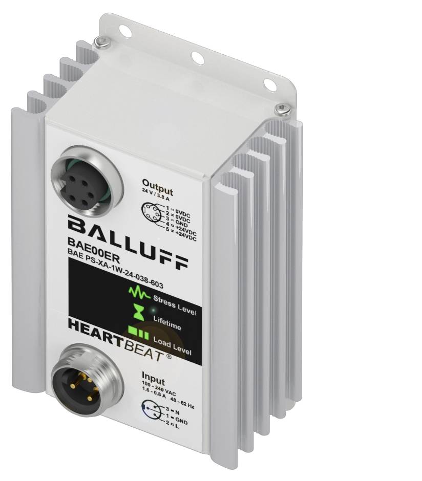 Ein elektronisches Gerät von Balluff mit Eingangs- und Ausgangsanschlüssen, Stress- und Lastanzeige, geeignet für industrielle Anwendungen.