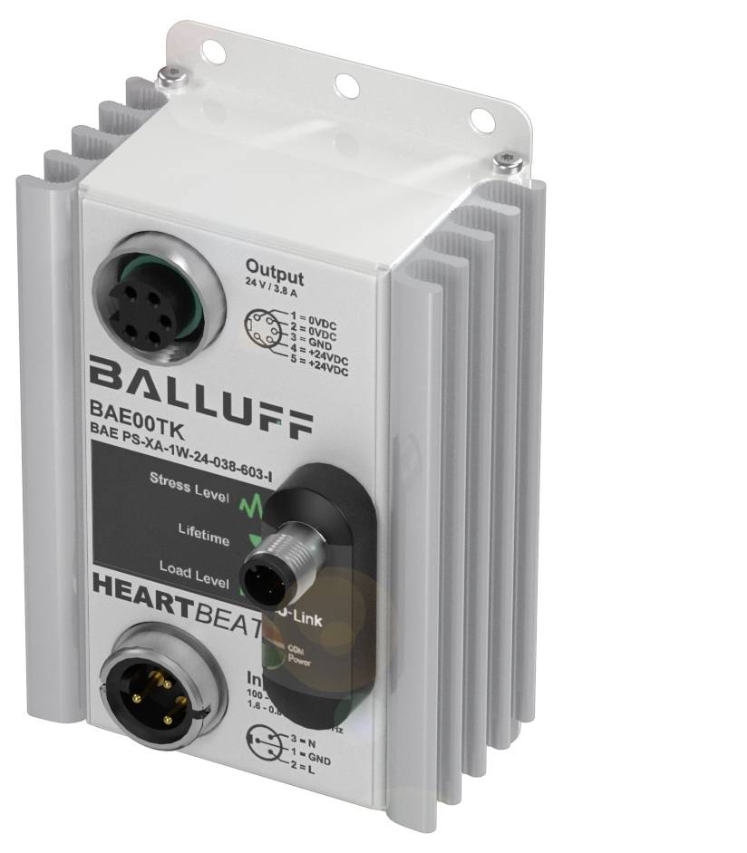 Ein graues, rechteckiges Elektronikmodul mit Markenname 'BALLUFF'. Es zeigt 'Output 24 V/3 A' und hat Anschlüsse oben und unten.