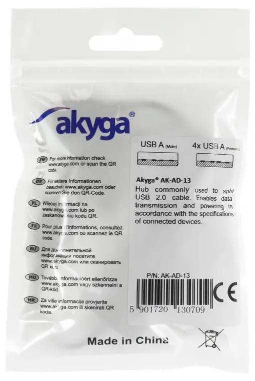 Plastiktüte mit dem Schriftzug 'akyga' oben. Enthält ein USB-2.0-Splitter-Modell AK-AD-13, geeignet für die Übertragung zwischen USB-A-Geräten.