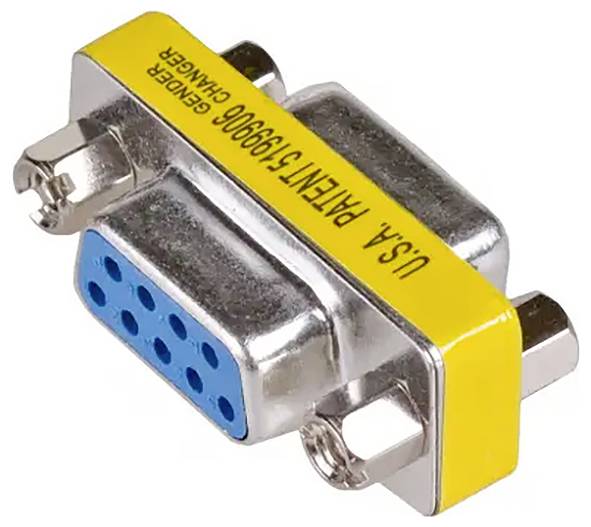 Neunter D-Sub-Stecker mit gelbem Streifen und blauen Anschlüssen; verwendet zur Datenübertragung in Geräten.