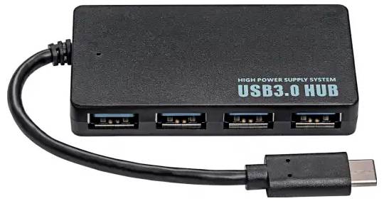 Ein USB 3.0 Hub mit vier USB-Anschlüssen und einem kurzen Verbindungskabel.