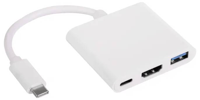 USB-C-Adapter mit Anschlüssen für HDMI, USB-A und USB-C. Ideal zum Verbinden moderner Laptops mit verschiedenen Peripheriegeräten.