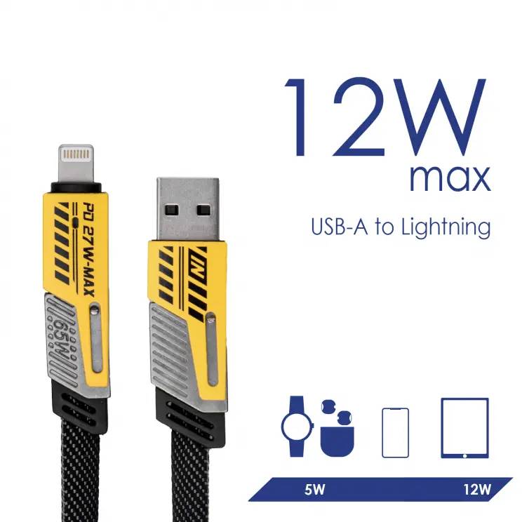 USB-A-zu-Lightning-Kabel mit 12W Ladeleistung, zeigt Differenz zu 5W. Abgebildet: Kabelanschlüsse, relevante Symbole, Text '12W max'.