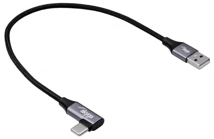 Ein schwarzes USB-Kabel mit einem USB-A-Stecker und einem USB-C-Stecker, geeignet zum Verbinden von Geräten mit unterschiedlichen Anschlüssen.