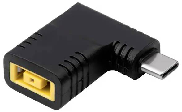 Schwarzer USB-C-Adapter mit rechter Winkelbuchse, gelbem Innenleben. Ideal zur Verbindung von USB-C-Geräten in engen Räumen.