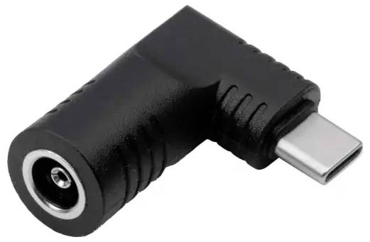 Schwarzer Adapter mit rechtwinkliger Form, USB-C-Stecker auf DC-Buchse, hauptsächlich für Lade- oder Verbindungslösungen.