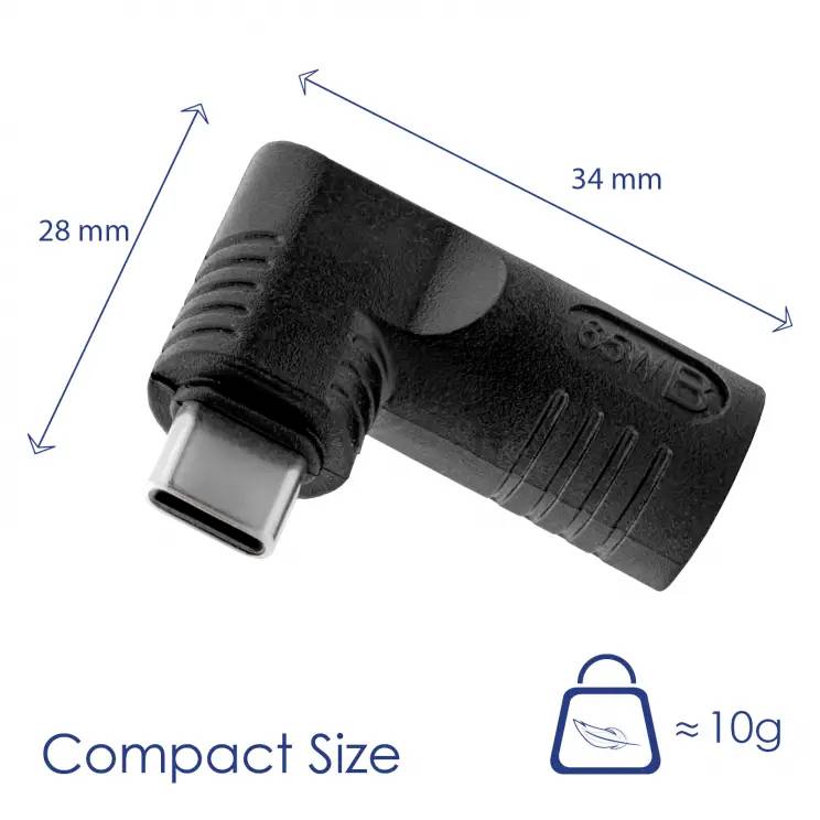 Ein schwarzer USB-C-Adapter mit Maßen von 34 mm x 28 mm. Der Adapter ist leicht und wiegt etwa 10 g. Text 'Compact Size'.