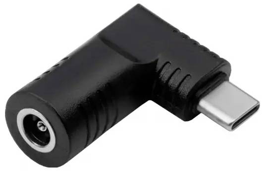 Schwarzer Adapter: rechteckiger Stecker für USB-C-Anschluss an einer Seite, 3,5-mm-Kopfhörerbuchse auf der anderen Seite.