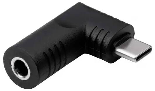 Ein schwarzer 90-Grad-Adapter mit USB-C-Stecker an einer Seite und einer 3,5-mm-Audiobuchse auf der anderen Seite.