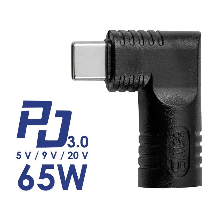 USB-C Adapter, schwarz, 65W Leistung, geeignet für 5V/9V/20V.
