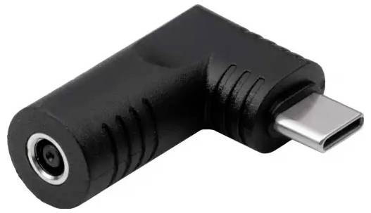 Ein schwarzer Adapter mit einem 90-Grad-Winkel, der USB-C mit einem runden Steckverbinder verbindet.