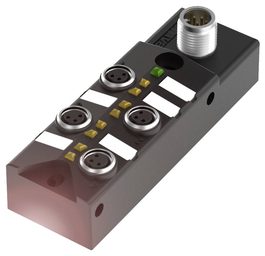 Ein rechteckiges, schwarzes elektronisches Modul mit vier runden Steckverbindungen, einem grünen und kleinen goldenen Symbolen.