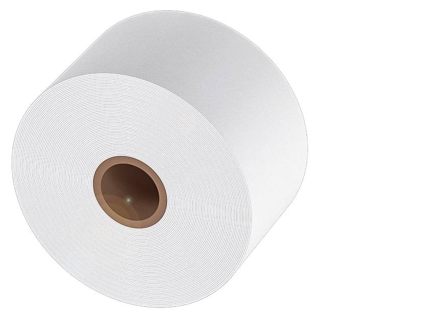 Eine große Rolle weißes Toilettenpapier mit braunem Kern, auf weißem Hintergrund.