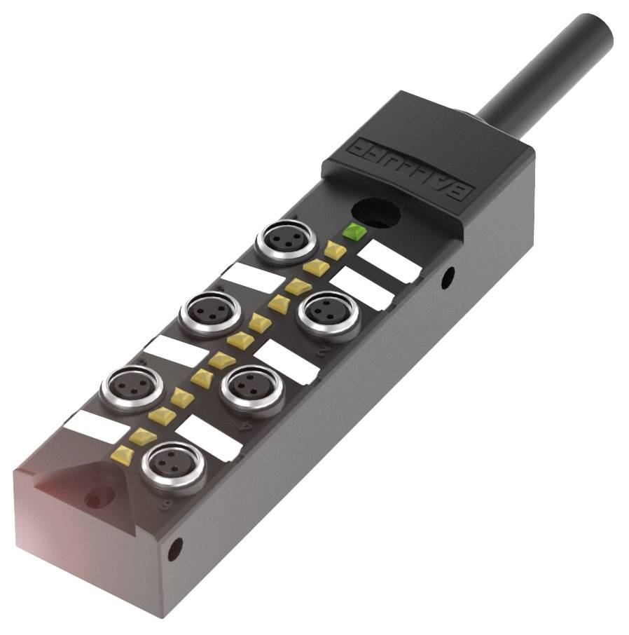 Industrielles Verteiler-Modul mit fünf runden Steckverbindungen, schwarzen und goldenen Markierungen, und einer grünen LED.