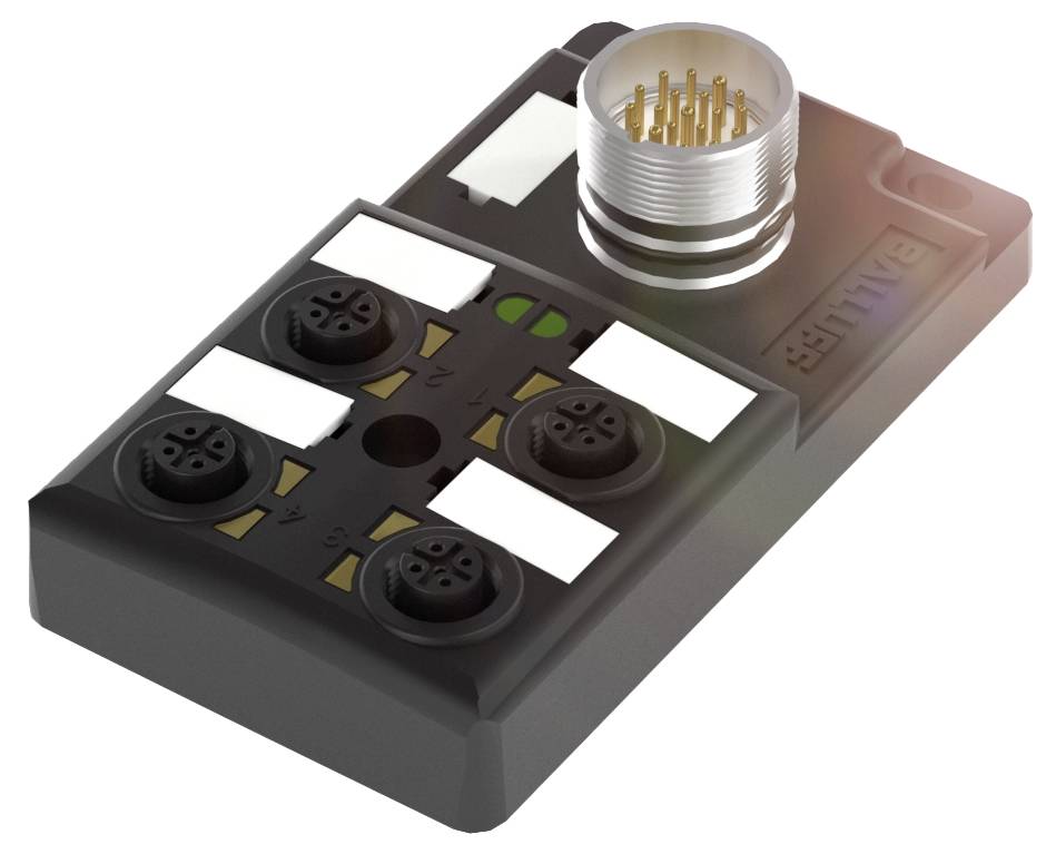 Elektronisches Modul mit mehreren schwarzen Steckanschlüssen und einem runden, metallischen Stecker an der Oberseite.