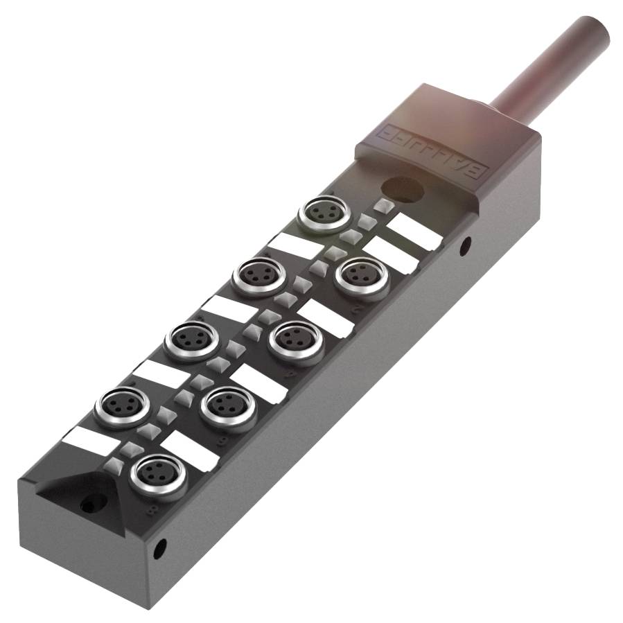 Ein rechteckiger, schwarzer elektronischer Verteilerblock mit mehreren runden Steckern und einem Kabelanschluss oben rechts.