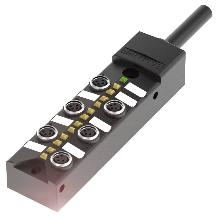 Ein rechteckiger elektronischer Steckerverteiler mit mehreren runden Steckverbindungen und einem grünen Indikator auf der Oberseite.