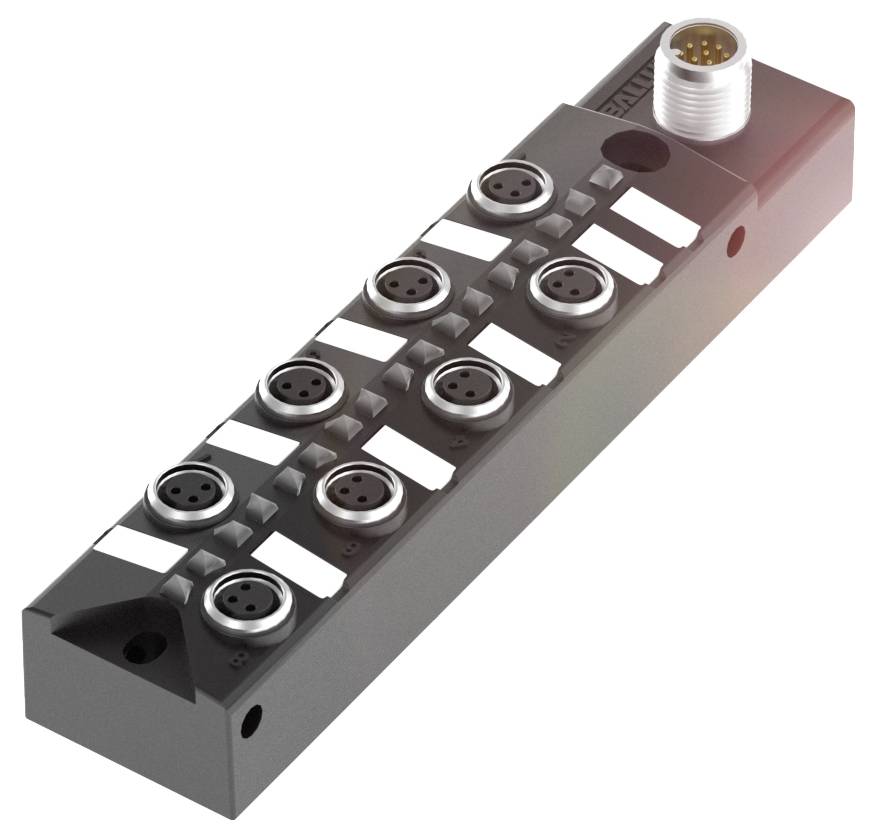 Ein schwarzes elektronisches Modul mit mehreren kreisförmigen Anschlüssen auf der Oberseite, geeignet für industrielle Anwendungen.