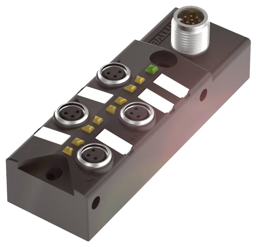 Ein schwarzes, rechteckiges elektronisches Modul mit mehreren runden Steckverbindungen und einem grünen Indikator auf der Oberseite.