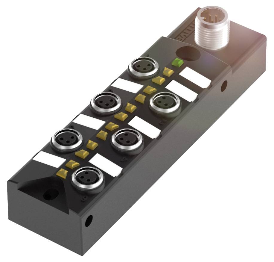 Schwarzes Verteilerblock-Modul mit mehreren Anschlussbuchsen und LED-Anzeigen, zur Verteilung elektrischer Signale in industriellen Anwendungen.