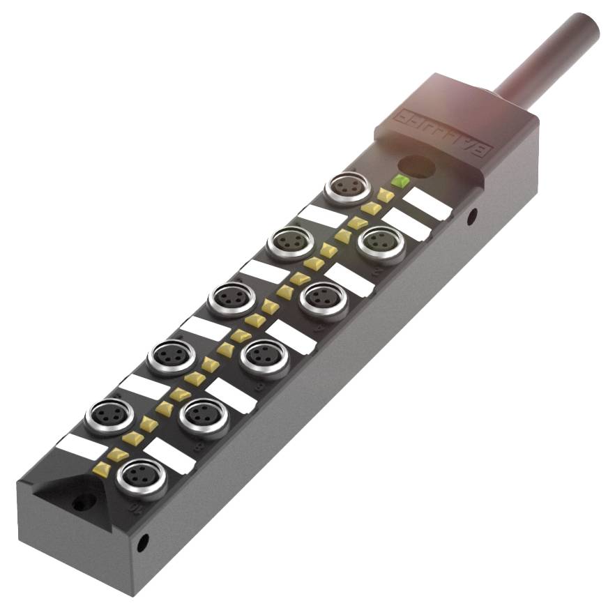 Ein rechteckiger Verteilerblock mit acht runden Steckverbindungen und einem Kabelanschluss an einem Ende. Eine LED leuchtet grün.