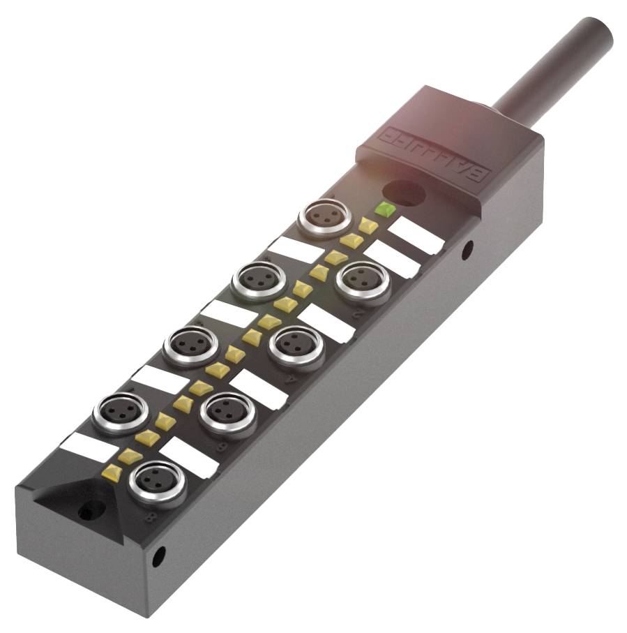 Ein rechteckiger, schwarzer Verteilerblock mit mehreren elektrischen Anschlüssen und LED-Anzeigen auf der Oberseite.