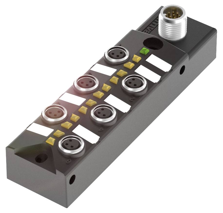 Ein rechteckiges, schwarzes elektronisches Modul mit fünf runden Steckverbindern und mehreren gelben und weißen Markierungen.