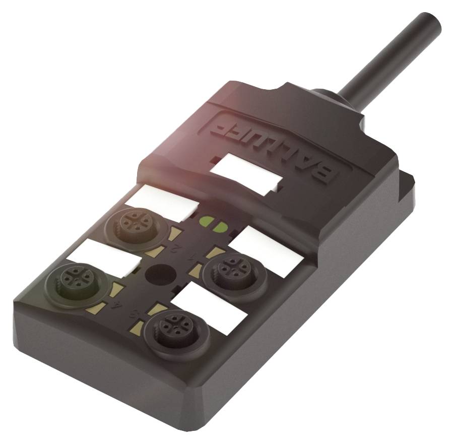 Ein schwarzer elektronischer Sensor mit vier runden Anschlüssen und einer Antenne, beschriftet mit dem Logo 'Balluff'.