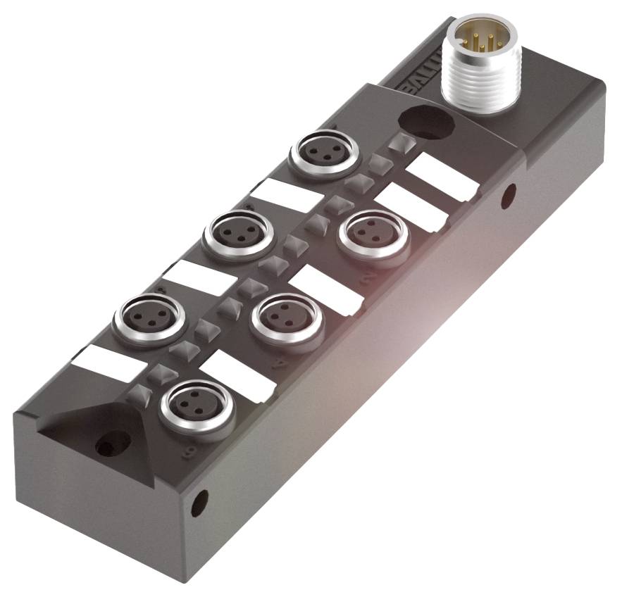 Verteilerblock mit mehreren runden Anschlüssen und einem weißen Stecker oben, zur elektrischen Verbindung mehrerer Geräte.