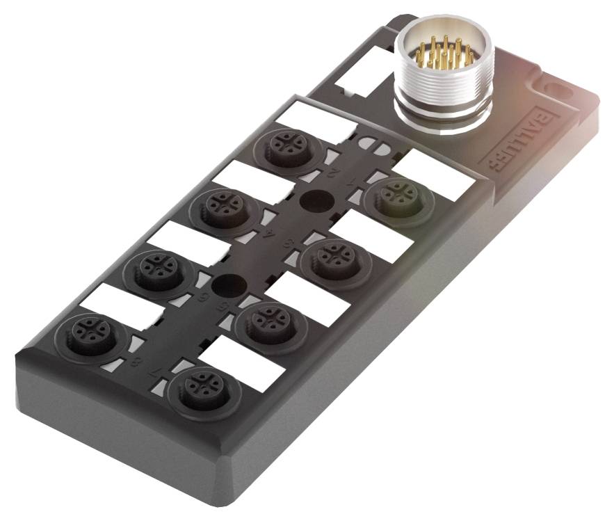 Ein schwarzes industrielles Verteilerfeld mit mehreren runden Steckanschlüssen und einem metallischen Mehrfachstecker oben rechts.