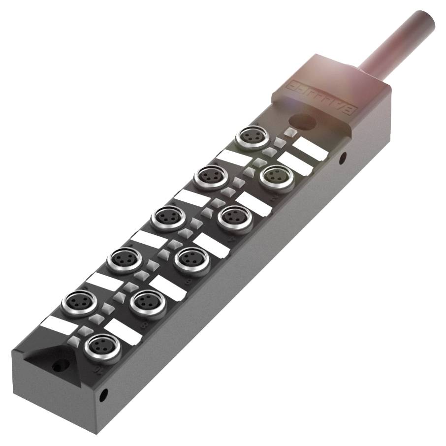 Metallische Ventilreihe mit zehn Anschlüssen und einem runden Griff oben, zum Steuern von Flüssigkeiten oder Gasen in einem System.