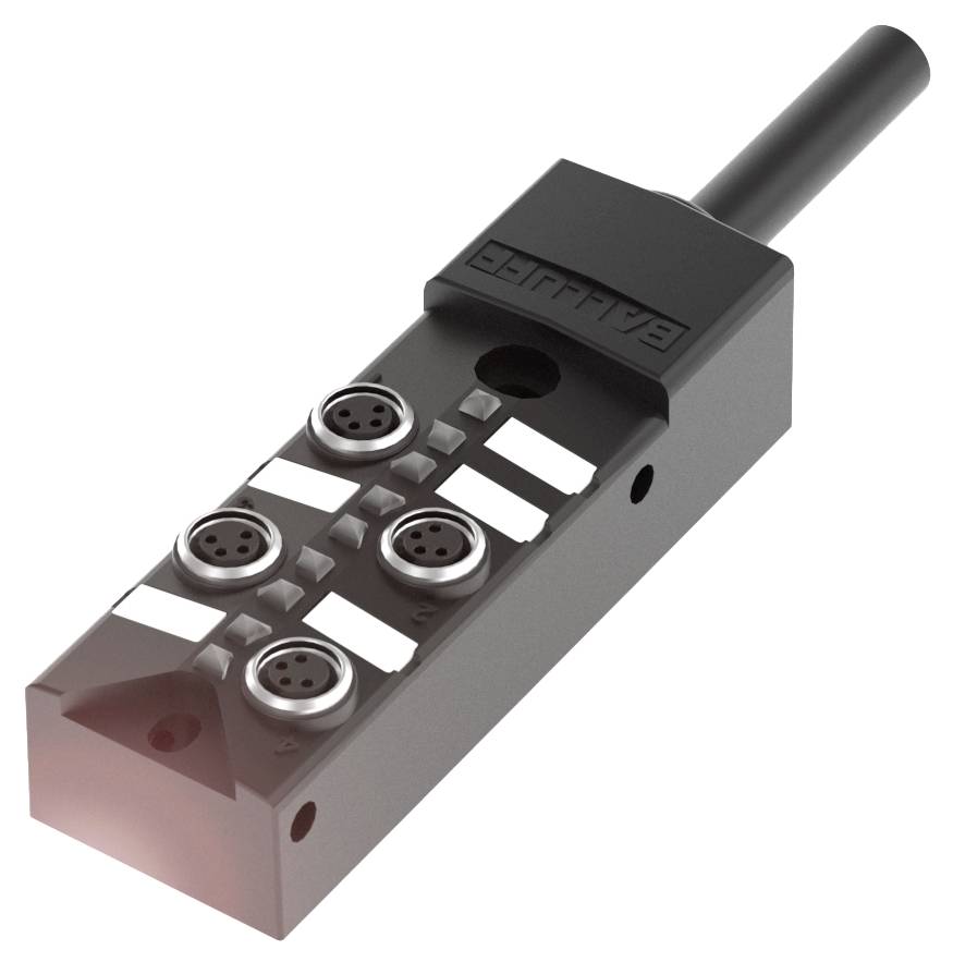 Ein schwarzes, rechteckiges elektrisches Bauteil mit vier kreisförmigen Anschlüssen und einem Kabelanschluss auf der rechten Seite.
