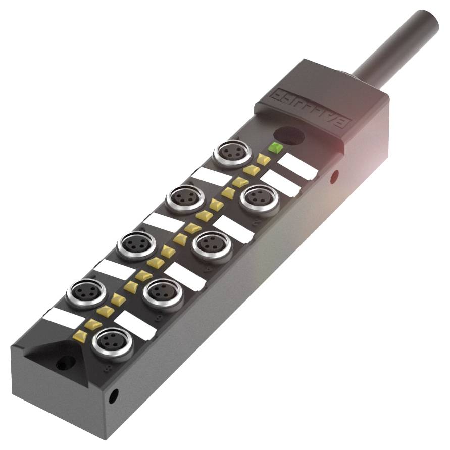 Ein rechteckiger, schwarzer elektrischer Verteiler mit mehreren Anschlussbuchsen und LED-Anzeigen auf der Oberseite.