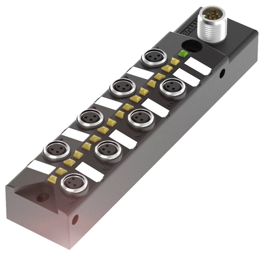 Ein rechteckiges elektrisches Modul mit acht runden Anschlüssen in zwei Reihen. Links eine grüne LED-Anzeige.