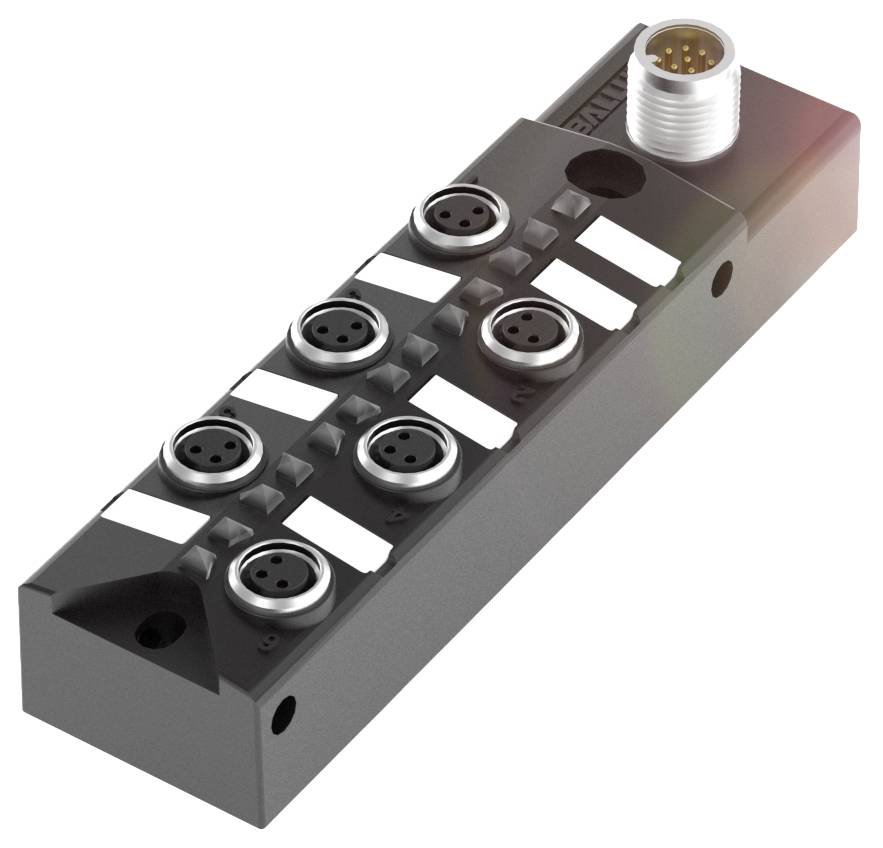 Ein schwarzer, rechteckiger Verteilerblock mit mehreren runden elektrischen Anschlüssen. Oben ein weiterer Anschluss in einer Vertiefung.